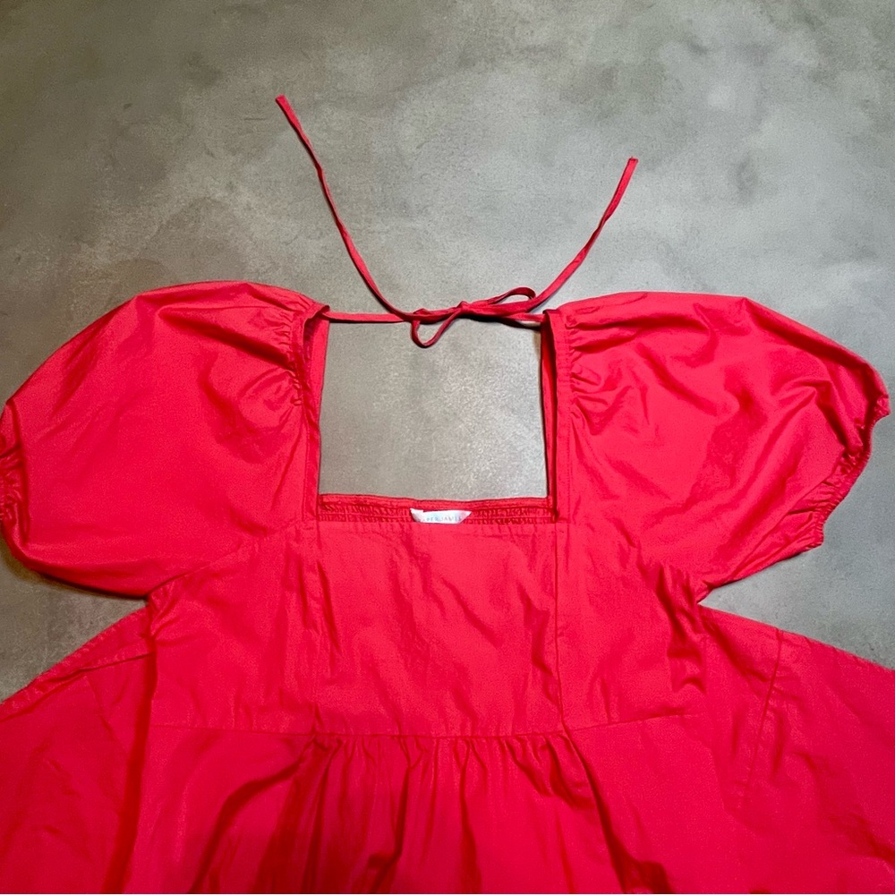 Draper James Vibrant Red Dress w/ Square Neckline, Flocked Bodice & Puff Sleeves - Picture 4 of 10